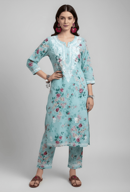 NAQSH Cotton Chikankari Hand Embroidered Women's Kurta Set - Blue