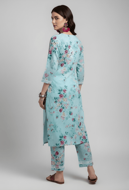 NAQSH Cotton Chikankari Hand Embroidered Women's Kurta Set - Blue