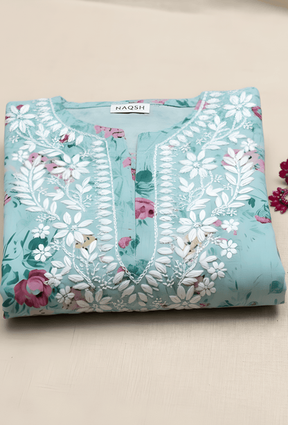 NAQSH Cotton Chikankari Hand Embroidered Women's Kurta Set - Blue