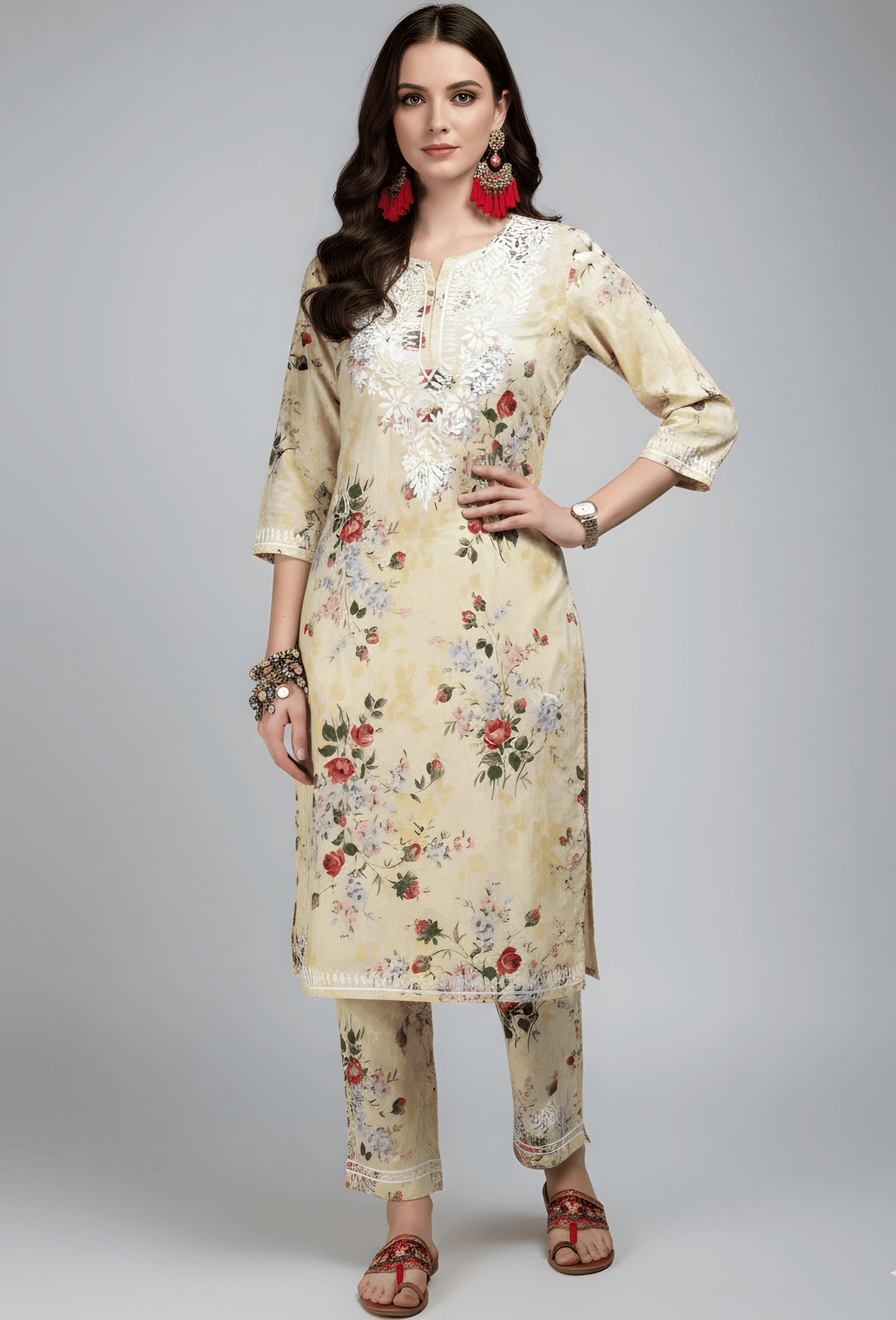 NAQSH Cotton Chikankari Hand Embroidered Women's Kurta Set - Yellow