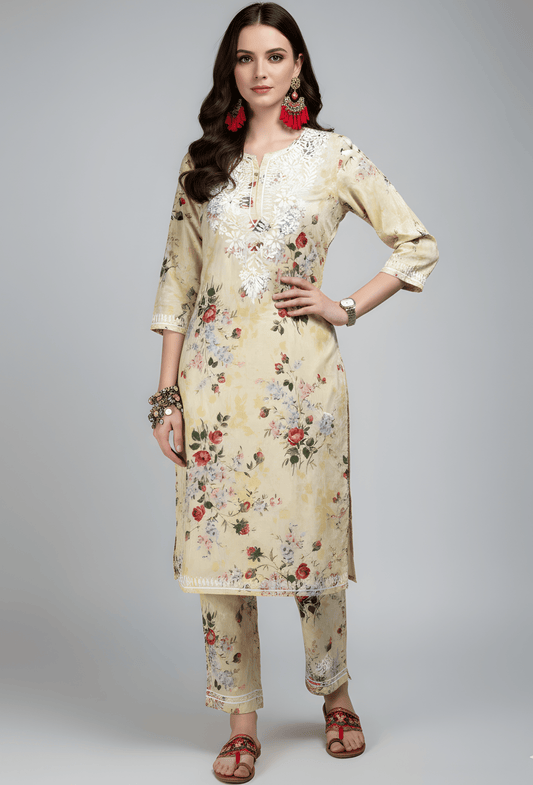 The Print Edit - Chikankari Top & Bottom Set - Yellow