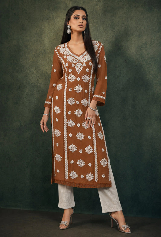 Chanderi Chikankari Hand Embroidered Kurta Trouser Set - Bronze