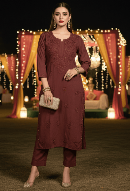 FIESTA - Brown Gold Embroidered Festive Chikankari Kurti