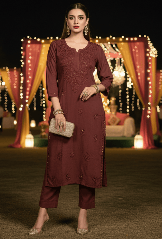 FIESTA - Brown Gold Embroidered Festive Chikankari Kurti