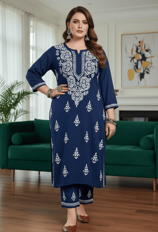 Plus Size - Navy Blue - Kurta & Palazzo Set