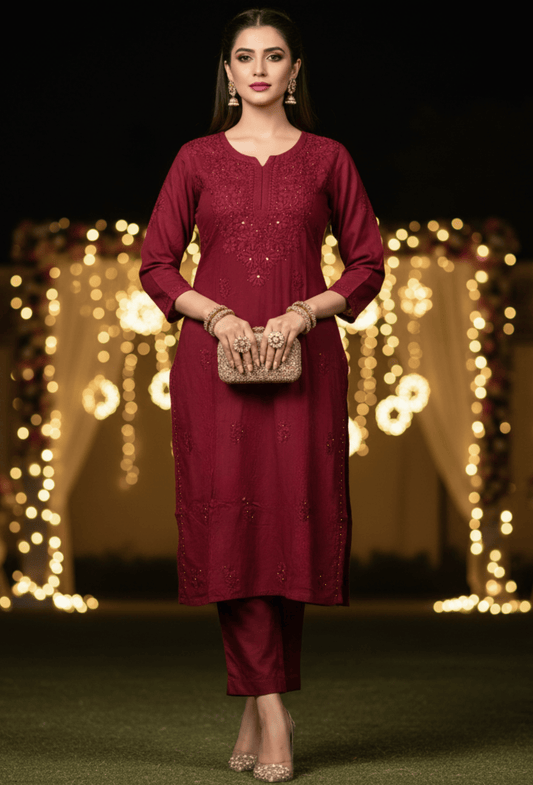 FIESTA - Red Gold Embroidered Festive Chikankari Kurti