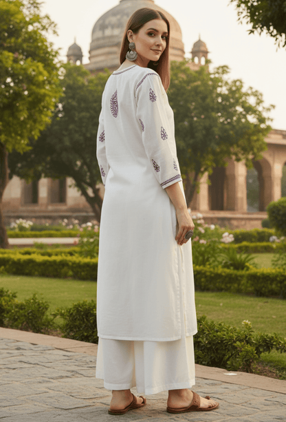 Maahi - White & Purple - Kurta