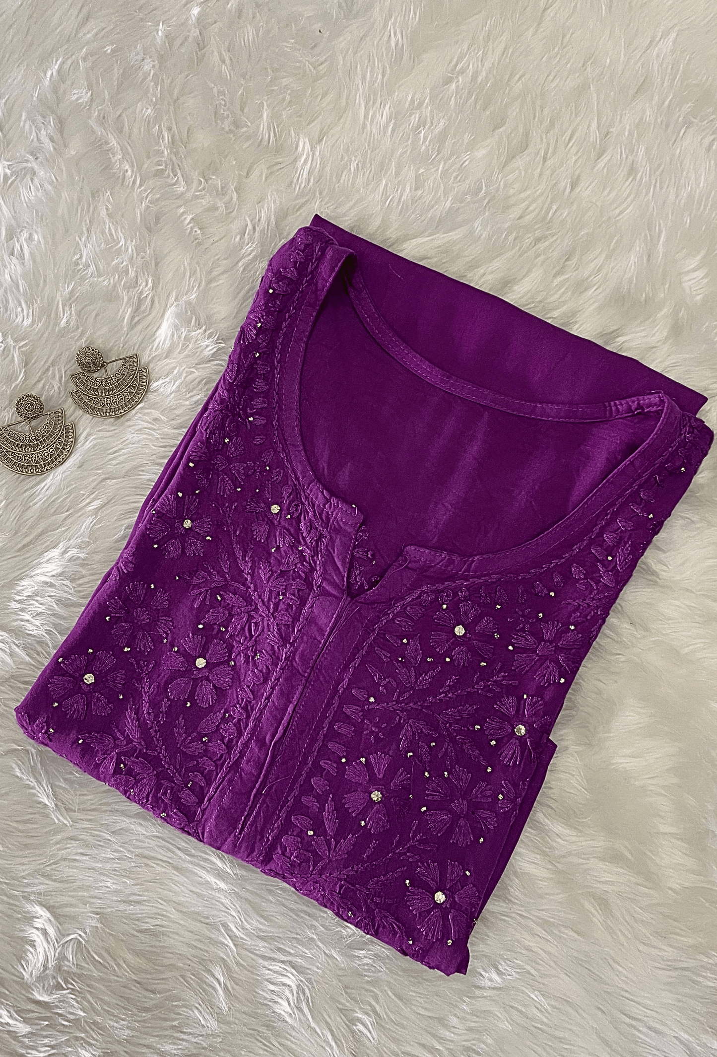 NAQSH Muslin Chikankari Gold Embroidered Women's Long Kurta - Purple