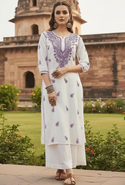 Maahi - White & Purple - Kurta