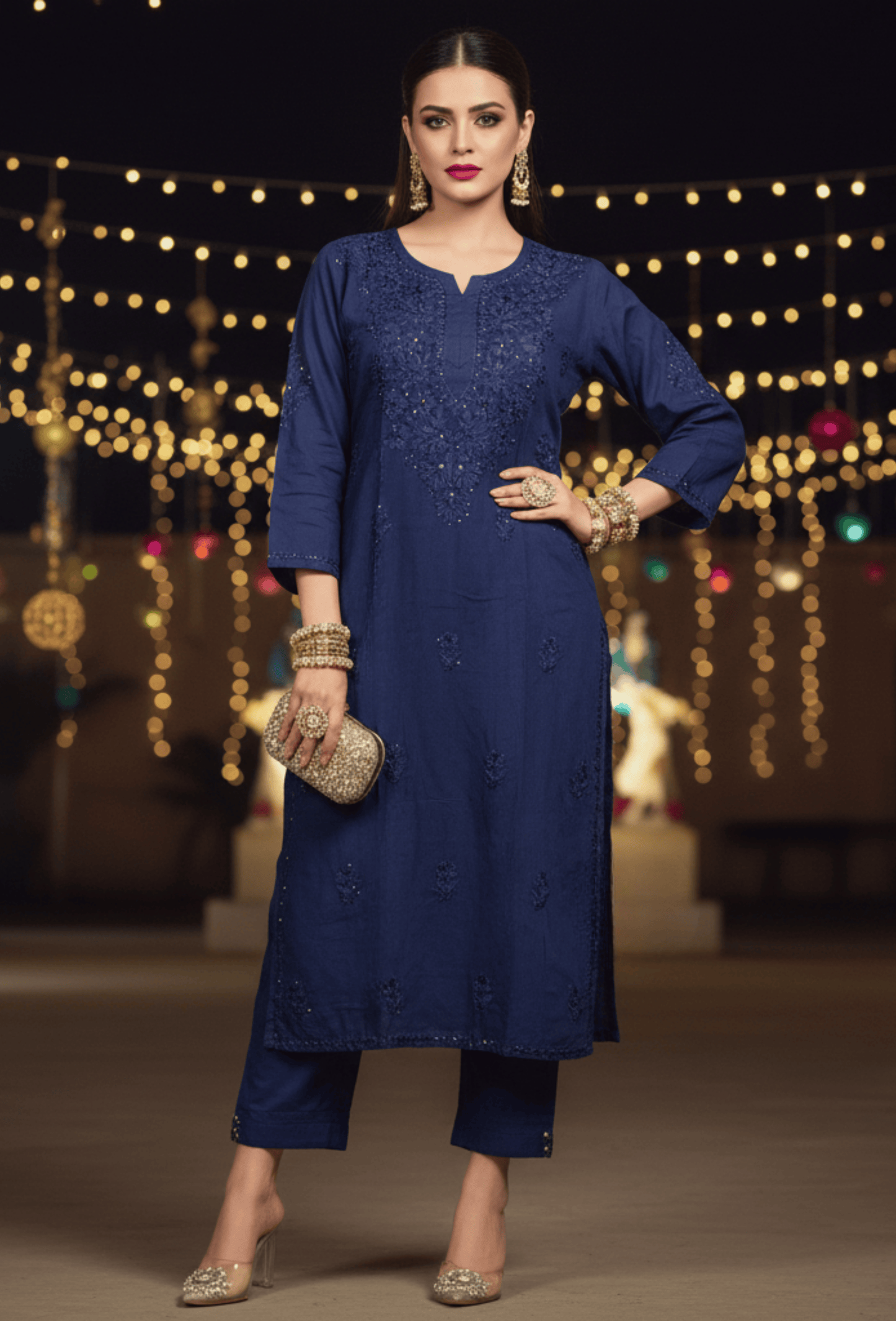 NAQSH Muslin Chikankari Gold Embroidered Women's Long Kurta - Deep Blue