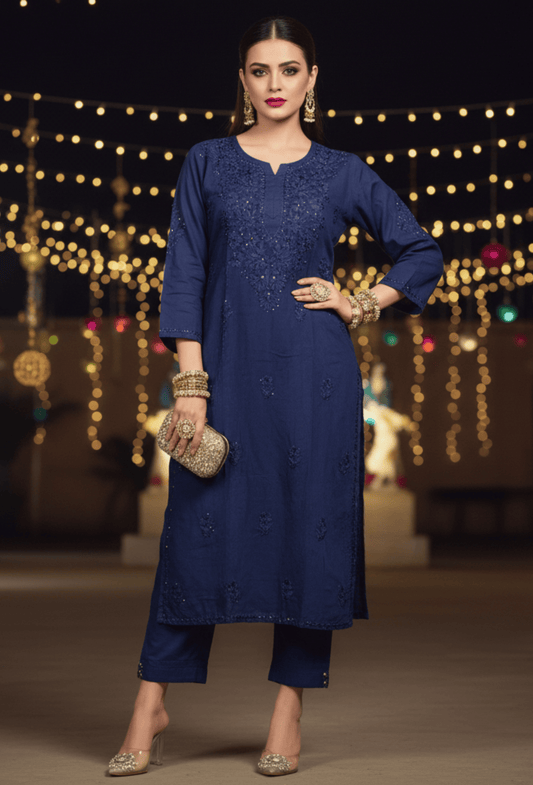 FIESTA - Deep Blue Gold Embroidered Festive Chikankari Kurti