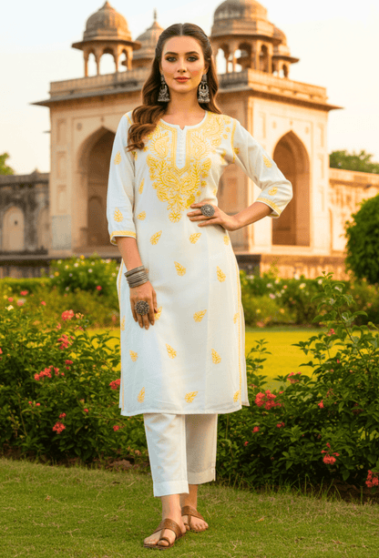 Maahi - White & Yellow - Kurta