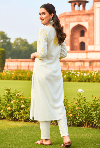 Maahi - White & Yellow - Kurta