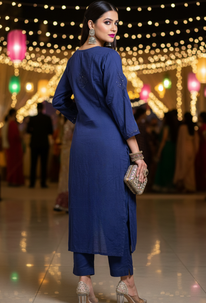 NAQSH Muslin Chikankari Gold Embroidered Women's Long Kurta - Deep Blue