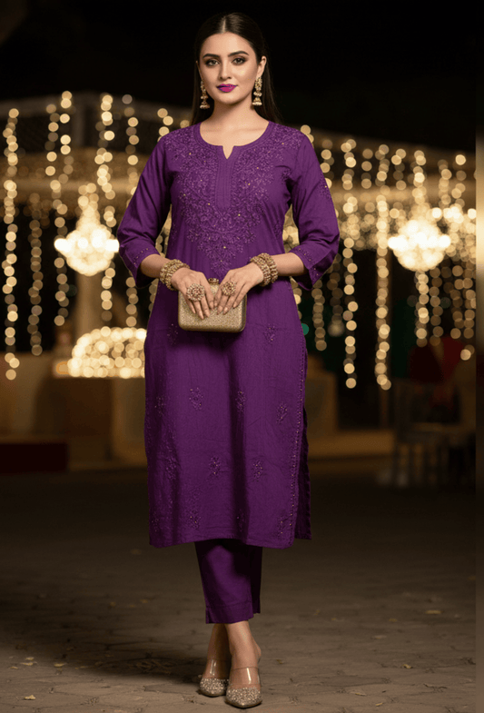 FIESTA - Purple Gold Embroidered Festive Chikankari Kurti