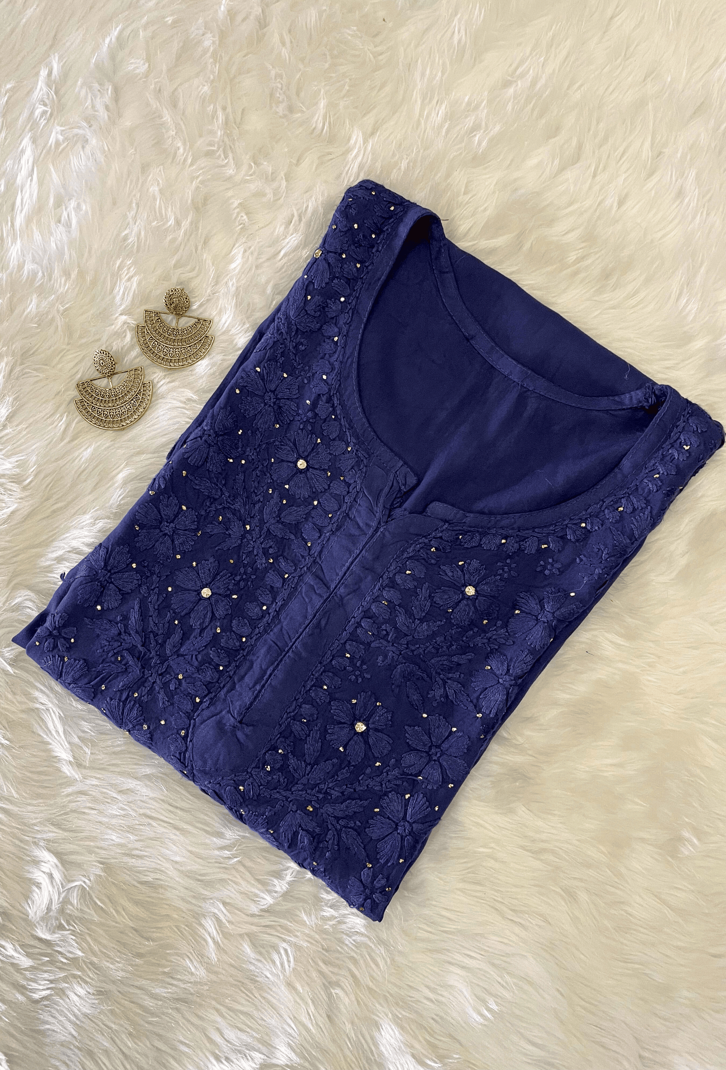 NAQSH Muslin Chikankari Gold Embroidered Women's Long Kurta - Deep Blue