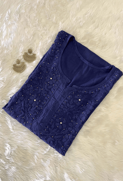 NAQSH Muslin Chikankari Gold Embroidered Women's Long Kurta - Deep Blue