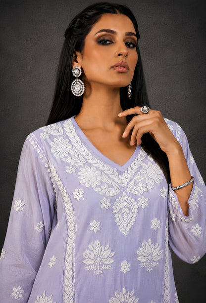 Chanderi Chikankari Hand Embroidered Kurta Trouser Set - Purple