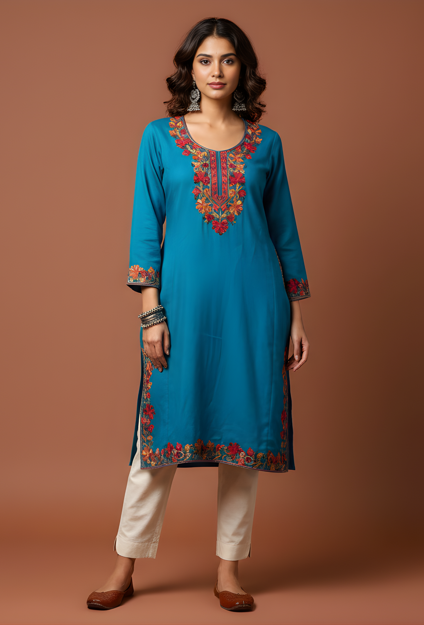 Kashmiri Wool Aari Embroidered Pheran - Sky Blue (Free Size)