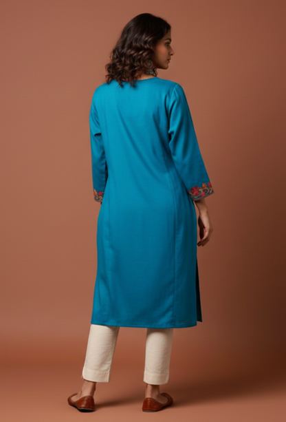 Kashmiri Wool Aari Embroidered Pheran - Sky Blue (Free Size)