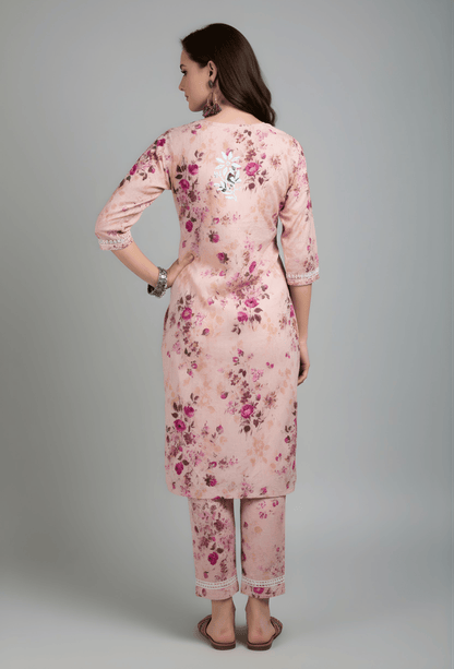 NAQSH Cotton Chikankari Hand Embroidered Women's Kurta Set - Peach