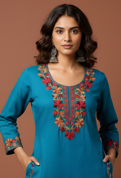 Kashmiri Wool Aari Embroidered Pheran - Sky Blue (Free Size)