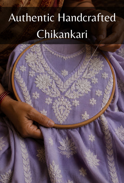 Chanderi Chikankari Hand Embroidered Kurta Trouser Set - Purple