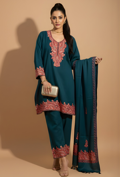 Kashmiri Wool Aari Embroidered Co-ord Set 3 Piece - Teal Blue (Free Size)