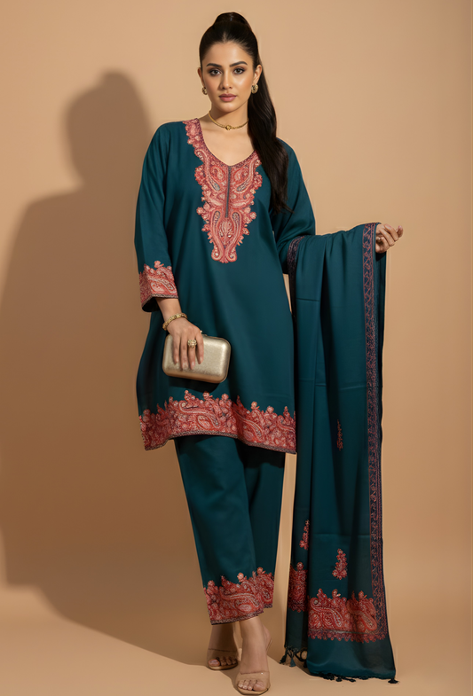 Kashmiri Wool Aari Embroidered Co-ord Set 3 Piece - Teal Blue (Free Size)