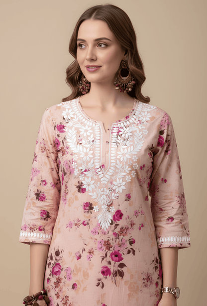 NAQSH Cotton Chikankari Hand Embroidered Women's Kurta Set - Peach