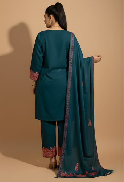 Kashmiri Wool Aari Embroidered Co-ord Set 3 Piece - Teal Blue (Free Size)