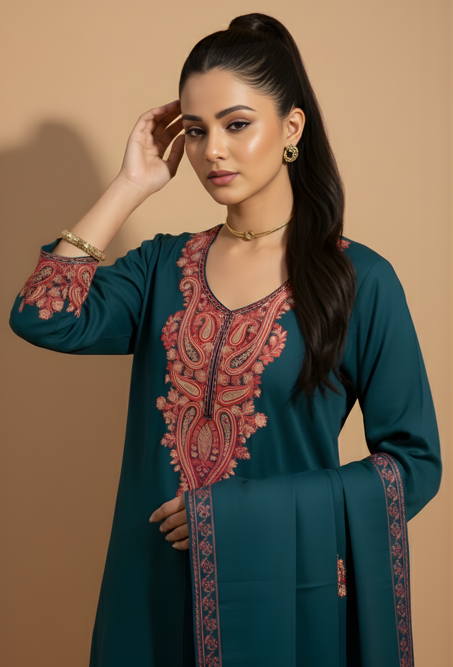 Kashmiri Wool Aari Embroidered Co-ord Set 3 Piece - Teal Blue (Free Size)