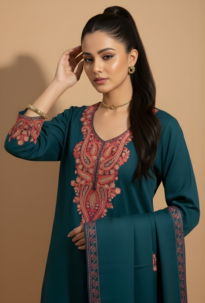Kashmiri Wool Aari Embroidered Co-ord Set 3 Piece - Teal Blue (Free Size)