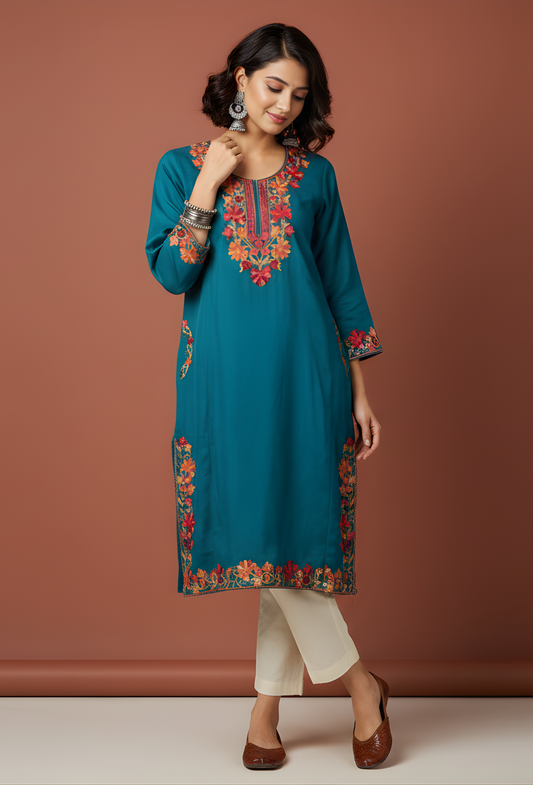 Kashmiri Wool Aari Embroidered Pheran - Green (Free Size)