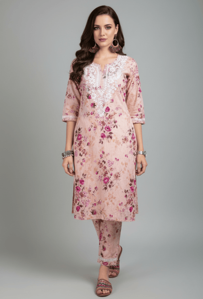 NAQSH Cotton Chikankari Hand Embroidered Women's Kurta Set - Peach