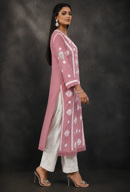 Chanderi Chikankari Hand Embroidered Kurta Trouser Set - Pink