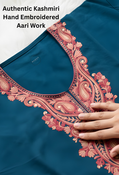 Kashmiri Wool Aari Embroidered Co-ord Set 3 Piece - Teal Blue (Free Size)