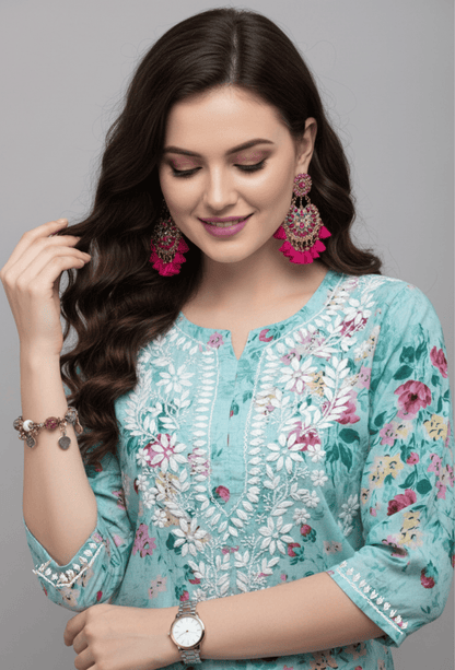 NAQSH Cotton Chikankari Hand Embroidered Women's Kurta Set - Blue