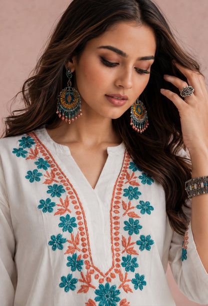Chikankari Hand Embroidered Long Cotton Kurta