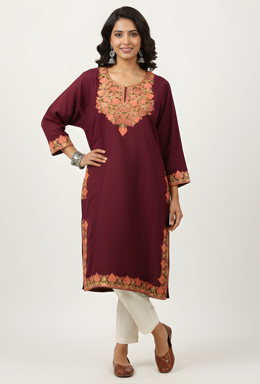Kashmiri Wool Aari Embroidered Pheran - Wine (Free Size)