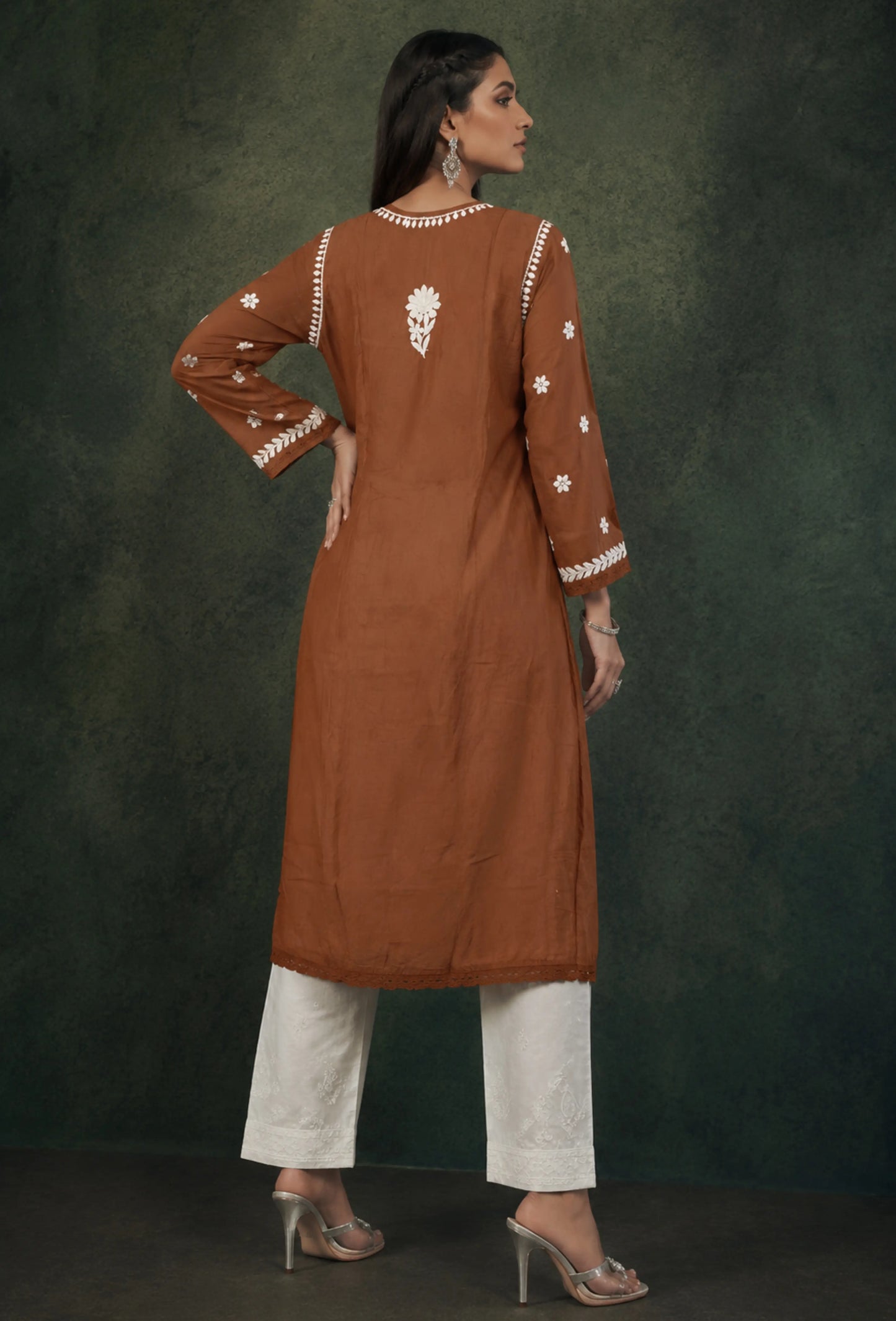 Chanderi Chikankari Hand Embroidered Kurta Trouser Set - Bronze