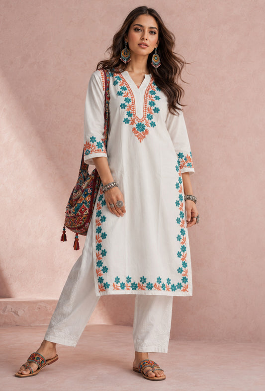 Chikankari Hand Embroidered Long Cotton Kurta