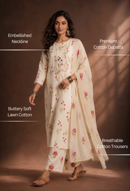 Buttery Cotton Unstitched Set with Dupatta & Trousers - Butter Yellow