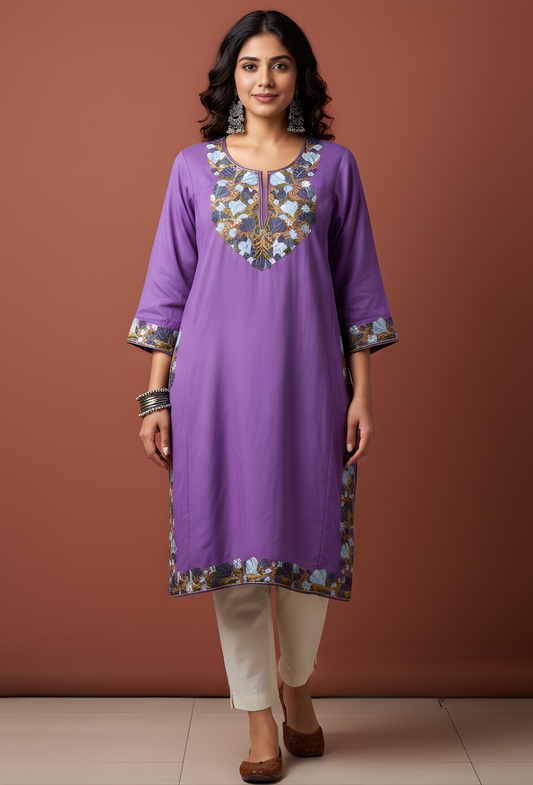 Kashmiri Wool Aari Embroidered Pheran - Lilac (Free Size)