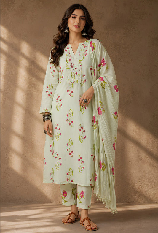 Buttery Cotton Unstitched Set with Dupatta & Trousers - Breeze Green