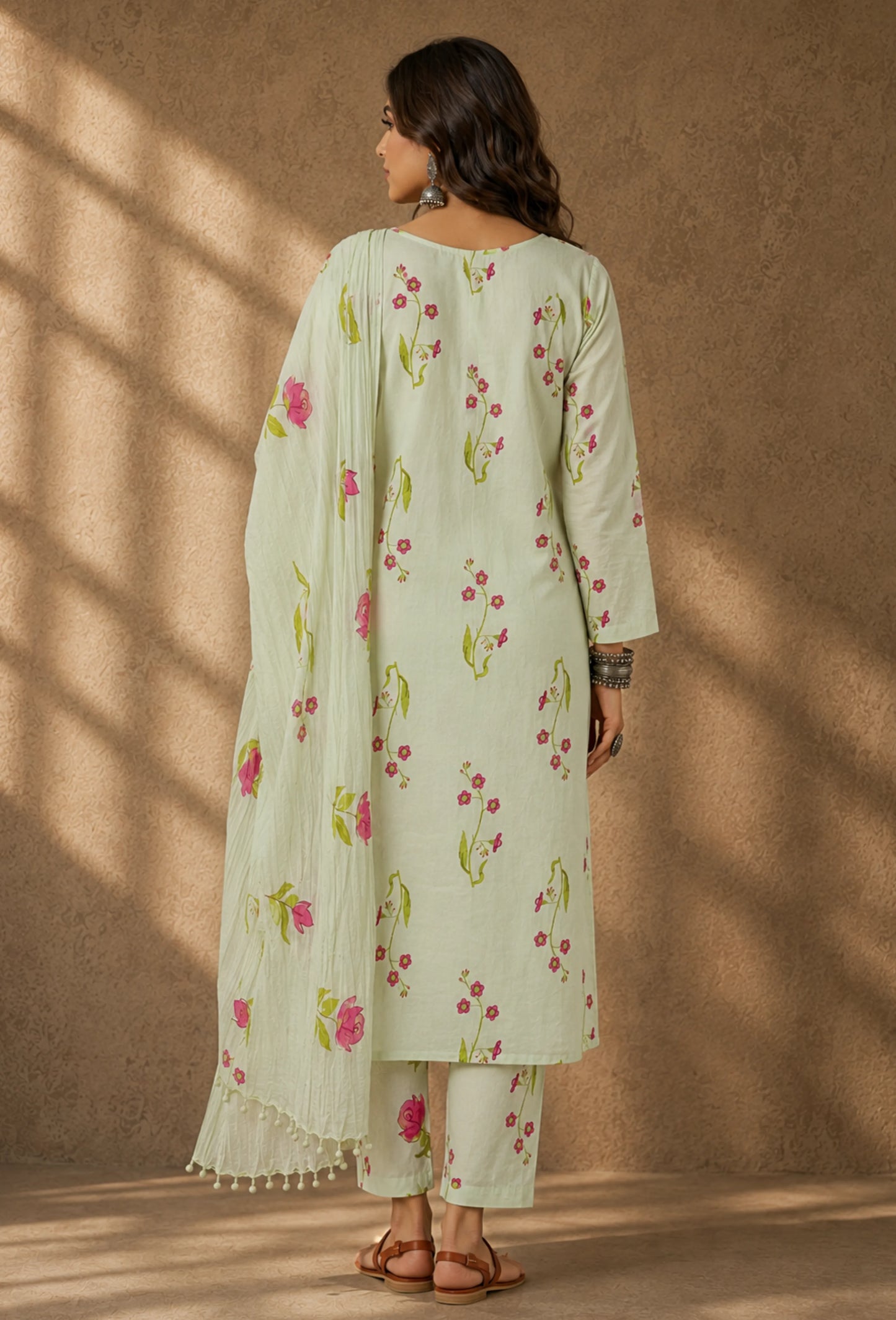 Buttery Cotton Unstitched Set with Dupatta & Trousers - Breeze Green