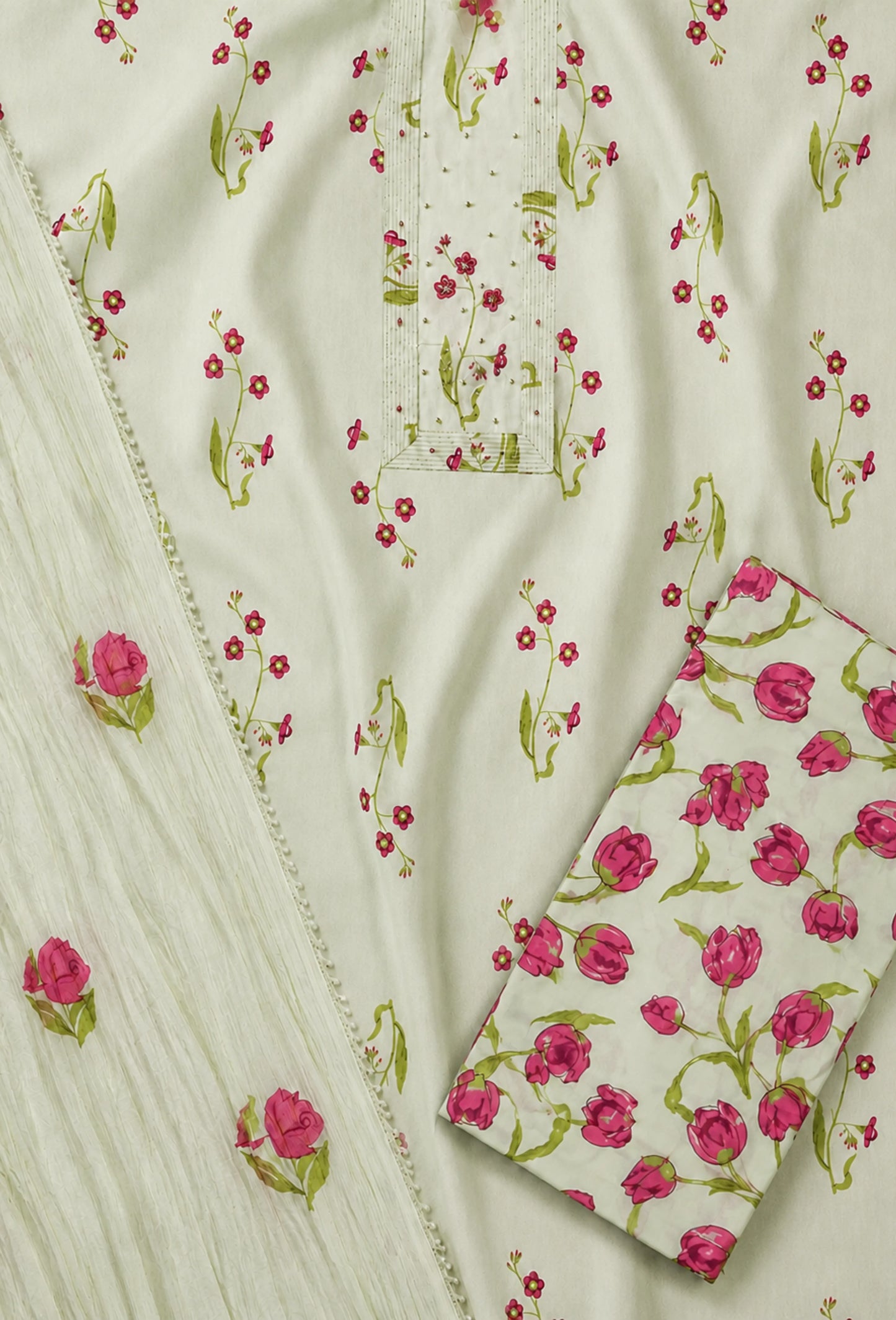 Buttery Cotton Unstitched Set with Dupatta & Trousers - Breeze Green