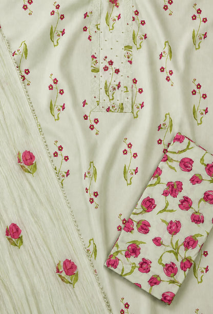 Buttery Cotton Unstitched Set with Dupatta & Trousers - Breeze Green