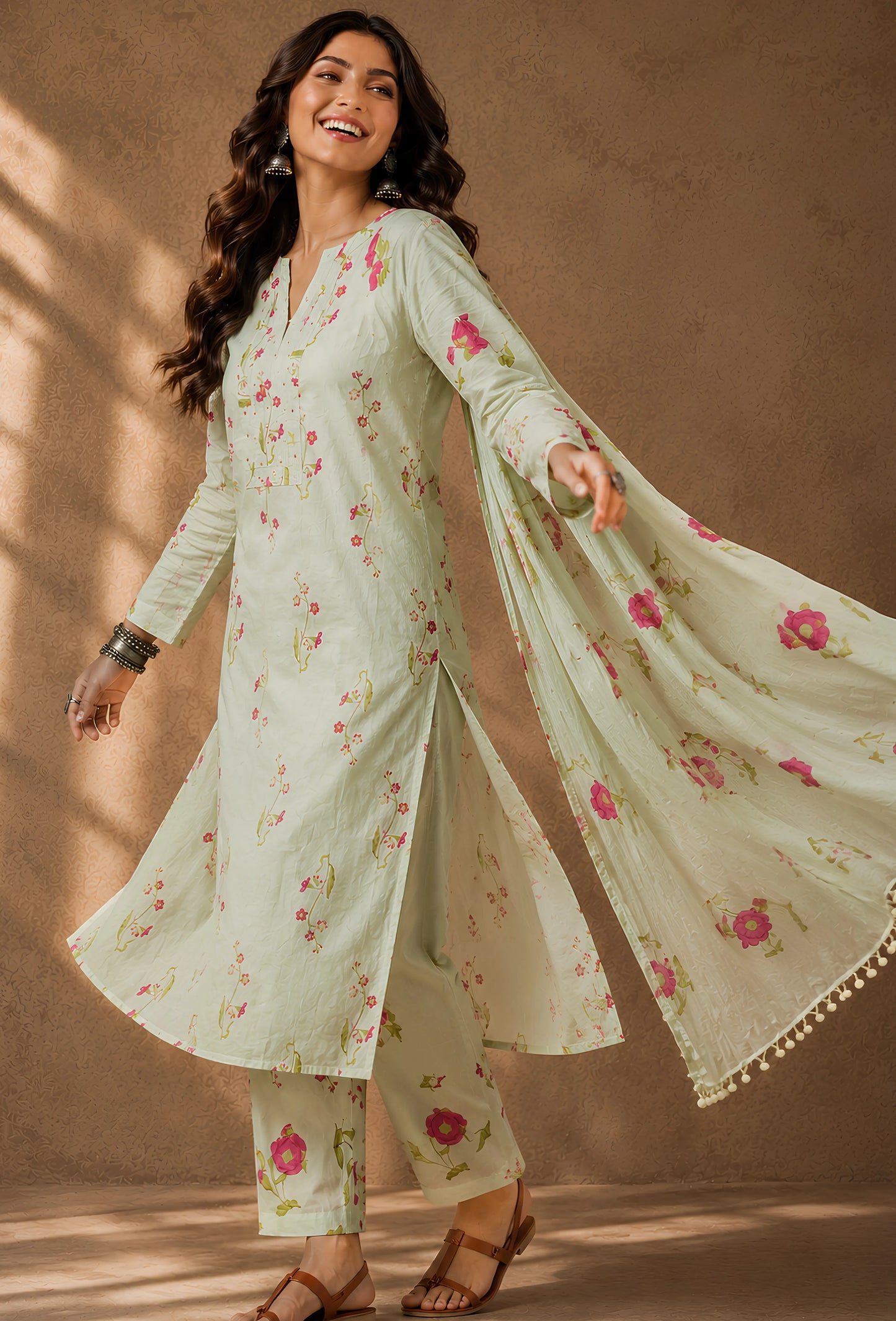 Buttery Cotton Unstitched Set with Dupatta & Trousers - Breeze Green
