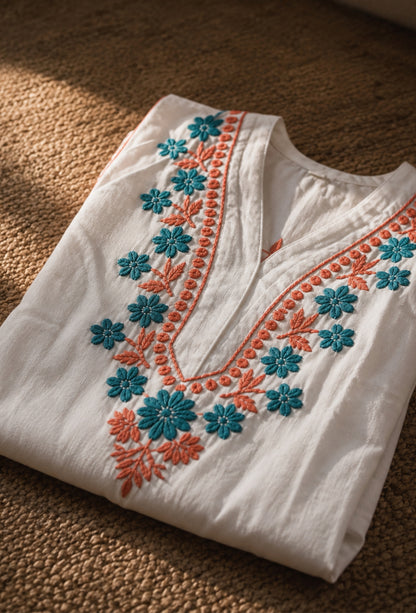 Chikankari Hand Embroidered Long Cotton Kurta